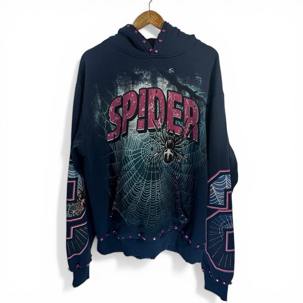 Stray Spider Hoodie Studded Rhinestones Big Graphic Blue Pullover Size Medium